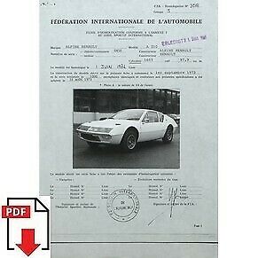 1974 Alpine Renault A310 1600 FIA homologation form PDF download